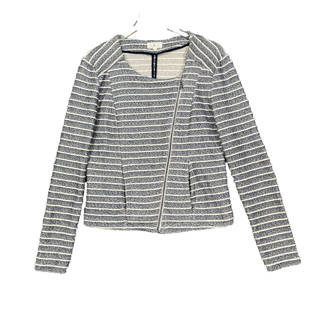 Lou and Grey Jacket Womens Medium Blue White‎ Stripe Moto Jacquard Asymmetrical